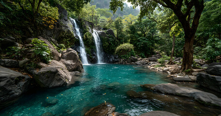 Fototapeta premium Jungle waterfall cascade in tropical rainforest with rock and turquoise blue pond. Its name Banyumala because its twin waterfall in mountain slope