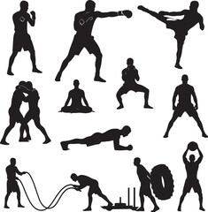 A diverse set of black silhouettes depicting various male fitness and combat training exercises.