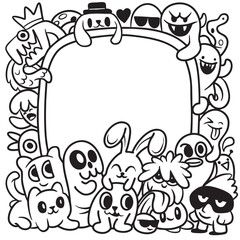 Cute doodle monster, bunny, cat, ghost, and animal frame with happy and playful expressions