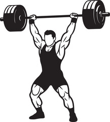Obraz premium A muscular male athlete performing an overhead press with a heavy barbell in a black and white illustration.