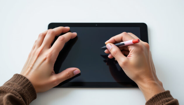 Digital tablet with hands holding stylus, ready for drawing or writing. sleek design and modern technology create sense of creativity and innovation