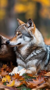 Coywolf resting on autumn leaves surrounded by warm sunlight in forest