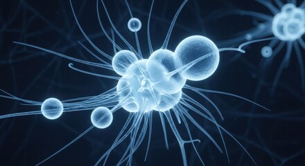 Obraz premium Abstract microscopic blue spheres with tentacles glowing light forms science illustration