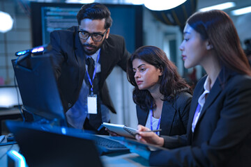 A team of financial analysts works through the night in a fast-paced firm, processing market data, reviewing performance reports, and executing trades to manage investment portfolios.