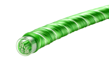 Close up of a glowing green fiber optic cable isolated on transparent background