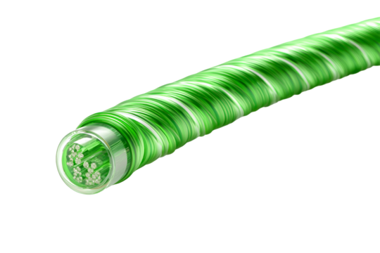 Close up of a glowing green fiber optic cable isolated on transparent background
