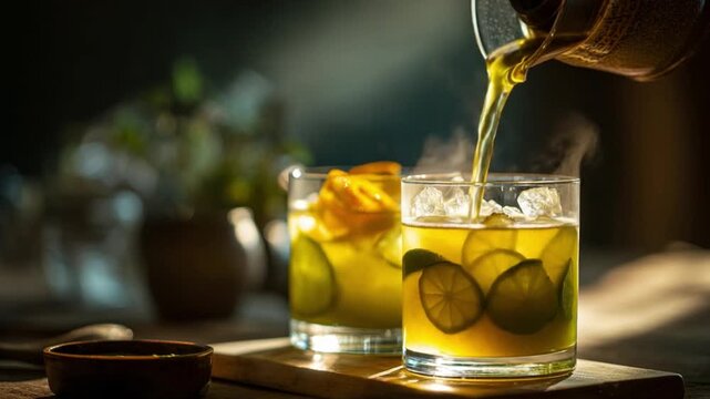 Refreshing Elixir: A close-up of a drink that offers a fresh and invigorating experience. Focus on the crystal-clear glasses filled with a zesty mixture and slices of citrus fruit.