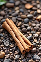 Dried cinnamon sticks resting on textured earth, natural spice aroma, organic, herbal