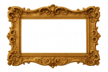 Ornate gold picture frame with intricate baroque and rococo style scrollwork design, transparent background