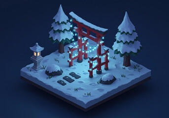 Isometric Winter Wonderland with Japanese Torii Gate and Snowy Scenery