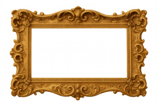 Ornate gold picture frame with intricate baroque and rococo style scrollwork design, transparent background