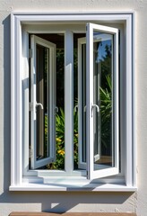 Fototapeta premium Opened white uPVC window frame with clear glass, letting in natural light, building feature, daylight
