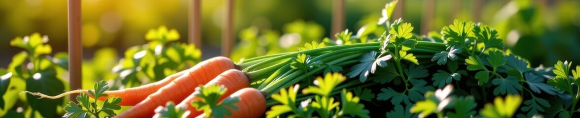 Obraz premium Vibrant, fresh carrots and aromatic parsley nestled in a sun-drenched field, evoking a sense of natural abundance, spring, harvest, healthy