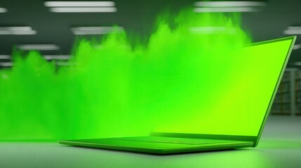 Green Smoke Emanates from Open Laptop in Modern Workspace Setting