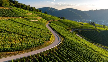 Naklejka premium Vineyard Road - A Scenic Journey Through Lush Green Hills.