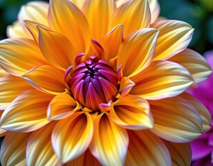 Obraz premium Close-up of a vibrant yellow dahlia bloom, petals unfurling in detail, nature, macro