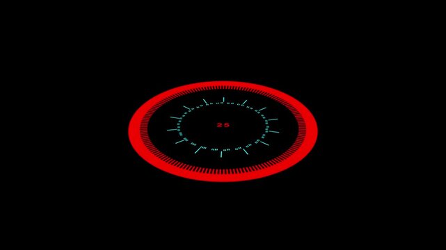 Red Circular Timer With Cyan Markings And Number 5 On Black Background clock countdown. Animated red circular timer showing number 5 with cyan markings , designed for countdown or stopwatch visuals.
