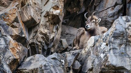 Mountain goat resting on rocky terrain