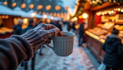 Obraz premium Preparation for winter festivities enjoying warm drinks at a cozy market in a festive environment
