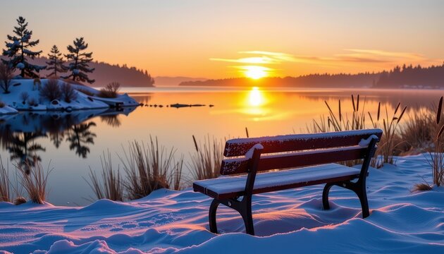 Frosty bench beside a serene winter lake at sunrise, tranquil dawn light reflecting on calm water, quiet, landscape