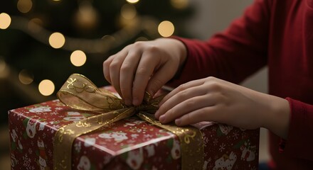 Person tying a gold ribbon on a christmas present with a christmas tree in the background with lights