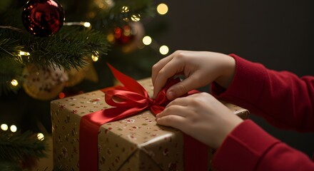 Child tying a red ribbon on a christmas gift box under a christmas tree with lights and ornaments near