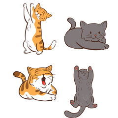 Set of Four Adorable Cartoon Cats In Various Playful Poses With Transparent Background And Pixel Art Style