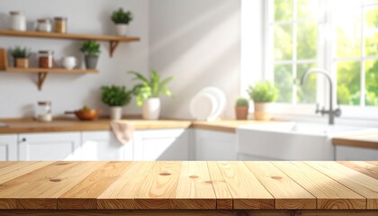 Wooden Tabletop in Bright Kitchen with Window and Plants.