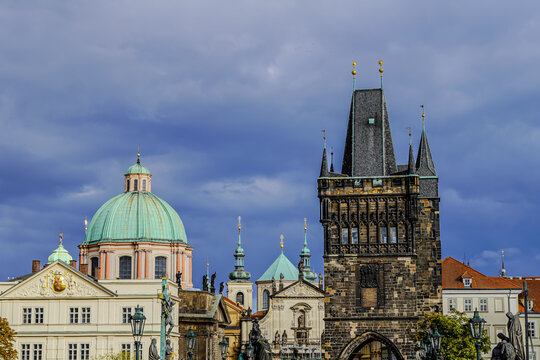 Beautiful Aerial view of  the Old Town Bridge Tower, the Charles Bridge (Karlův most) and the City of Prague