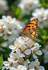 Obraz premium Delicate butterfly pair in a tender embrace atop pristine white blossoms, delicate, romance, delicate wings