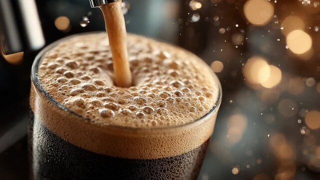 Brewed Perfection: A captivating close-up of a dark ale being poured from a tap into a glass, its rich, creamy head and effervescent bubbles showcased against a blurred background.
