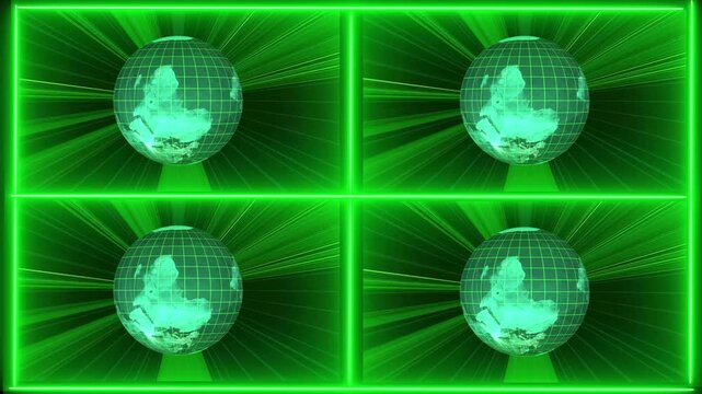 Four Green Globes With Grid Overlay Inside Neon Green Frames Against Radial. Animated four green globes with grids and neon frames against radial green background, ideal for futuristic, earth.