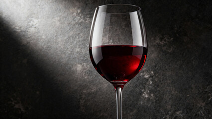 Red wine in elegant goblet glass, rich burgundy liquid, sophisticated dining atmosphere. bar promotions, beverage menus, designed for food & beverage menus and cafe branding.

