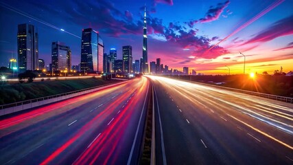 Vibrant city skyline at dusk with light trails on highway, towering skyscrapers, colorful clouds - Powered by Adobe