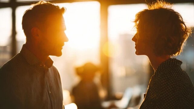 Golden Hour Discourse: A silhouetted man and woman engage in an intimate conversation, bathed in the warm glow of the golden hour, capturing a moment of connection.