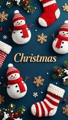 Photorealistic Christmas pattern featuring textured snowmen with red scarves, striped hats, knit sweaters, red-white striped stockings, snowflakes, pine branches