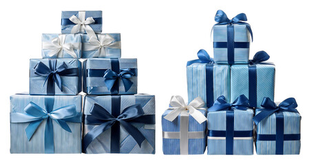 Blue and White Gift Boxes with Ribbons for Holiday Celebrations, Bundle Set Collection, Isolated on Transparent Background