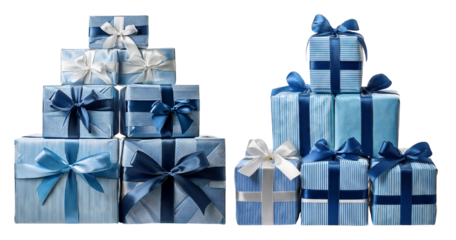 Blue and White Gift Boxes with Ribbons for Holiday Celebrations, Bundle Set Collection, Isolated on Transparent Background