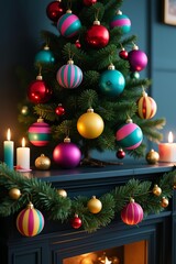 Photo-realistic pine garland with matte striped ornaments (red-green, pink-turquoise, magenta-yellow), Christmas tree with glossy baubles, dark mantel