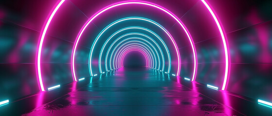 A Captivating Neon Tunnel: Abstract Visual with Circular Lights and Glowing Path