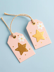 Light pink matte star-shaped gift tags with gold metal toppers, soft white leaf patterns, red berry accents
