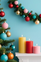 Photo-realistic pine garland with matte striped ornaments (red-green, pink-turquoise, magenta-yellow), Christmas tree with glossy baubles, dark mantel