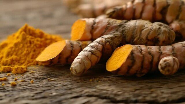 Close up of turmeric powder and sliced turmeric root on wooden surface