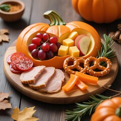 Photorealistic pumpkin-shaped charcuterie board with salami, red grapes, cheddar cheese, apple slices, orange bell pepper, pretzels, and rosemary, featuring turkey pastrami for 70% similarity