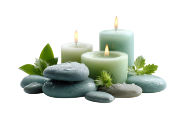 Spa candles and stones with green leaves isolated on transparent background