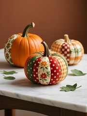Photo-realistic patchwork fabric pumpkins with autumn patterns (floral, stripes, polka dots) in warm orange/red/green/beige; textured solid pumpkins background