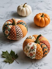 Photo-realistic patchwork fabric pumpkins with autumn patterns (floral, stripes, polka dots) in warm orange/red/green/beige; textured solid pumpkins background