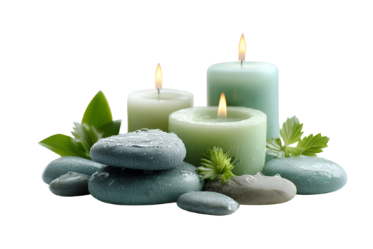 Spa candles and stones with green leaves isolated on transparent background