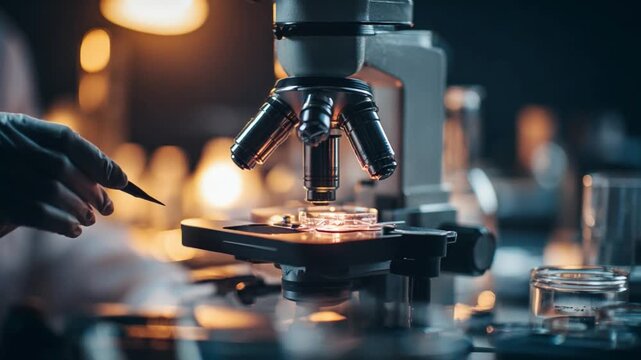 Scientific Discovery in the Lab: A close-up shot of a scientist intently analyzing a sample under a microscope, embodying the essence of scientific exploration and medical research.