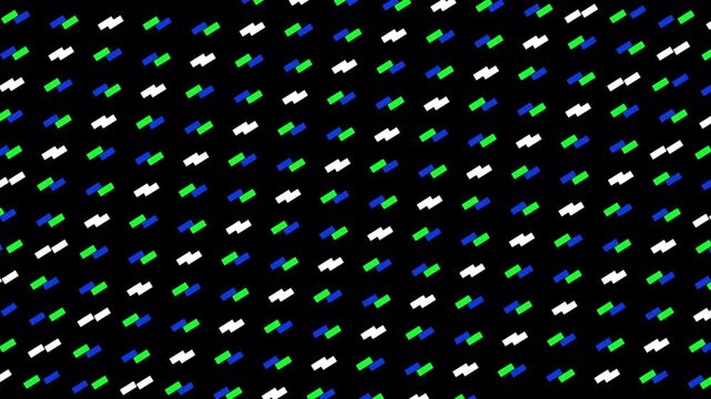 Animated abstract black background with repeating white rectangles and colored dash patterns for creative visuals.Repeating Pattern of White Rectangles and Colored Dashes on Black Background abstract.